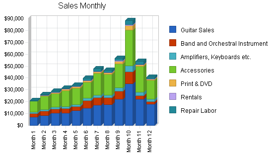 Musical instrument store business plan, strategy and implementation summary chart image