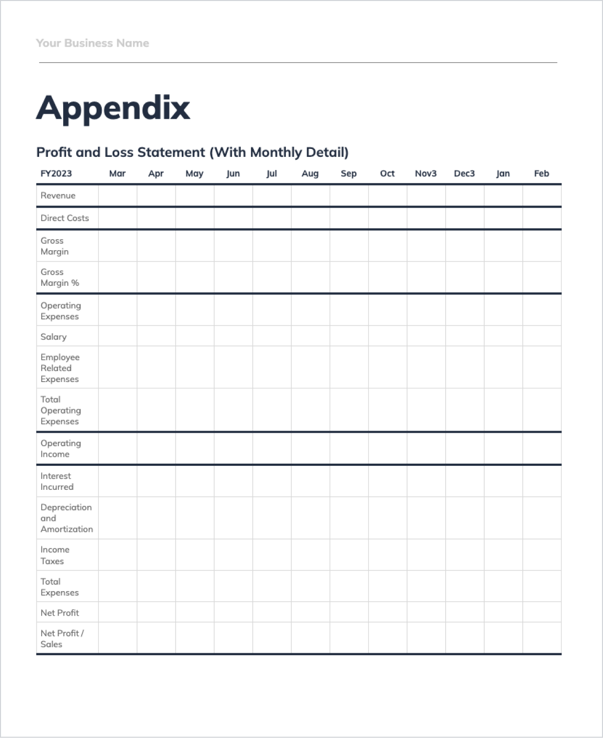 A screenshot of an appendix page from a business plan template titled 