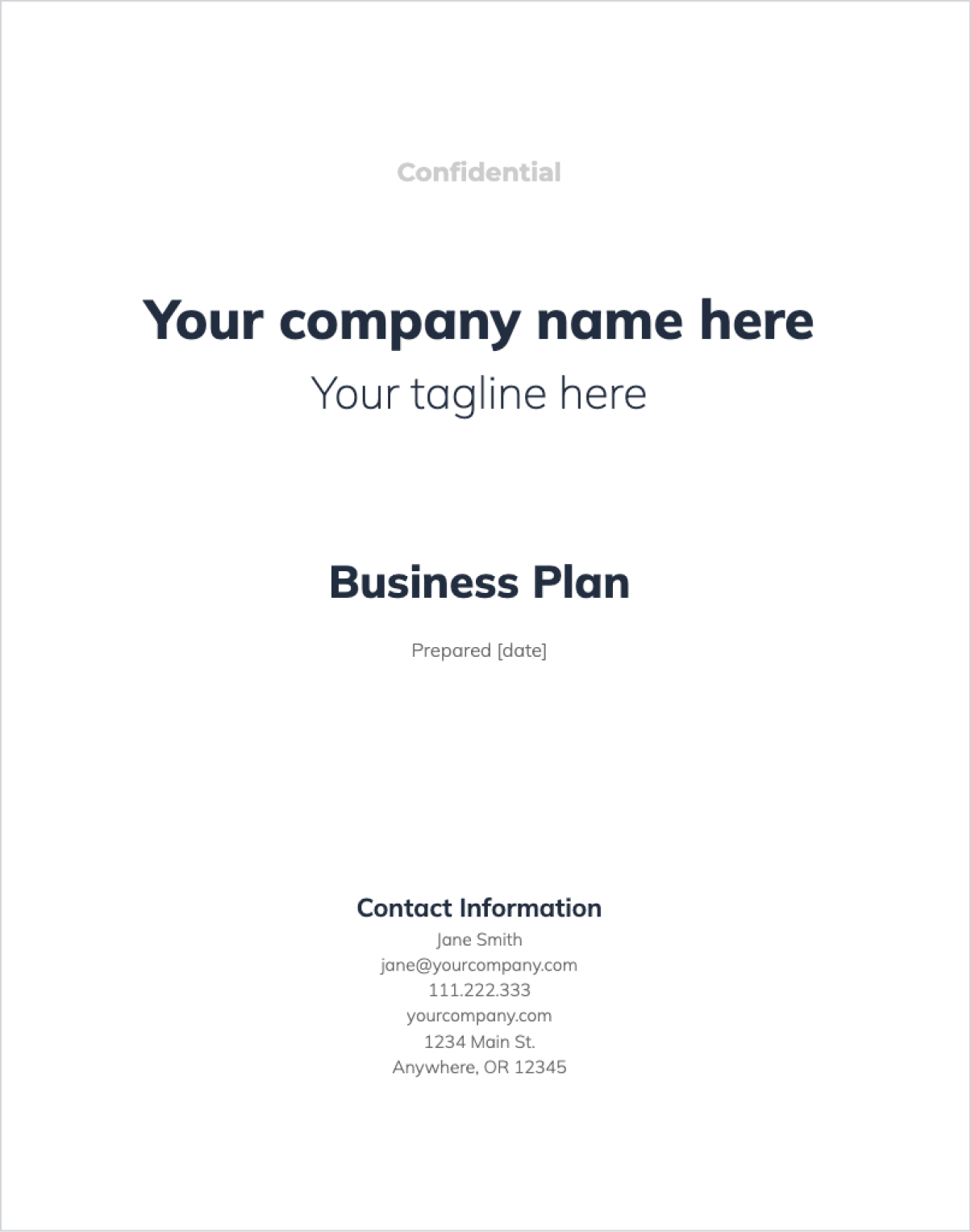 A screenshot of the cover page for a business plan template. The page is titled 