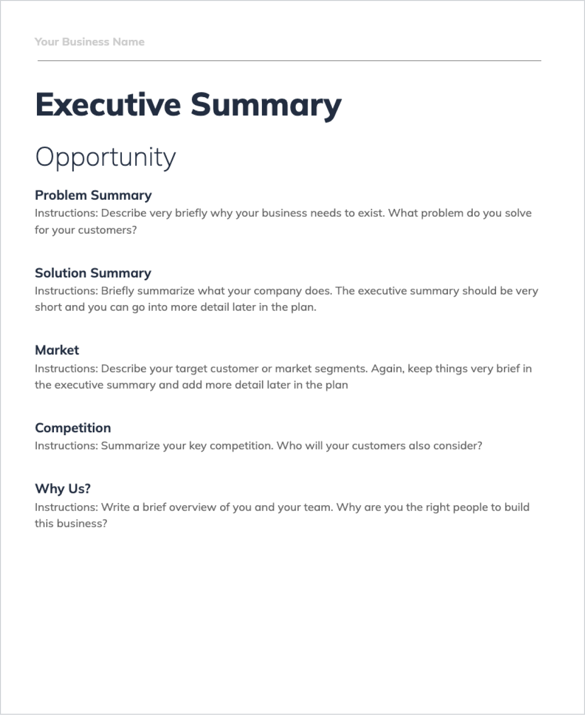 A screenshot of an executive summary page from a business plan template. The page is titled 