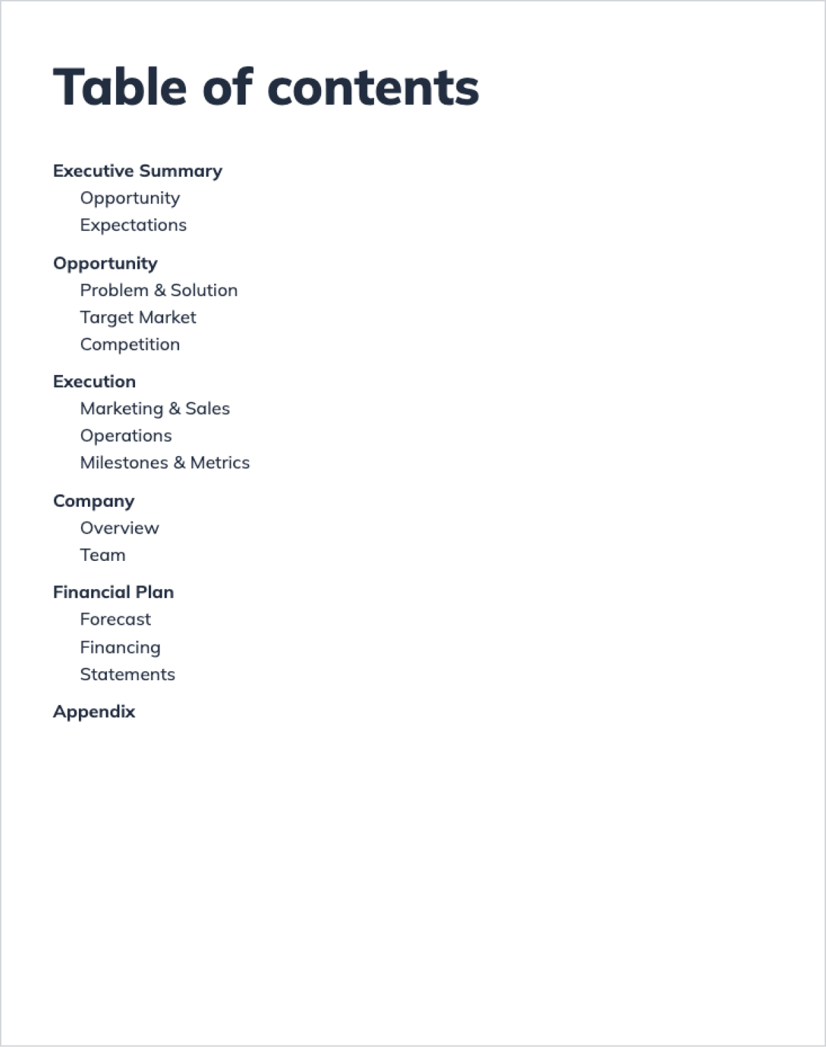 A screenshot of a table of contents page from a business plan template. The table of contents lists the main sections of the business plan: Executive Summary, Opportunity, Execution, Company, Financial Plan, and Appendix. Each section has subcategories, such as Opportunity covering Problem & Solution and Target Market, and Financial Plan including Forecast, Financing, and Statements.