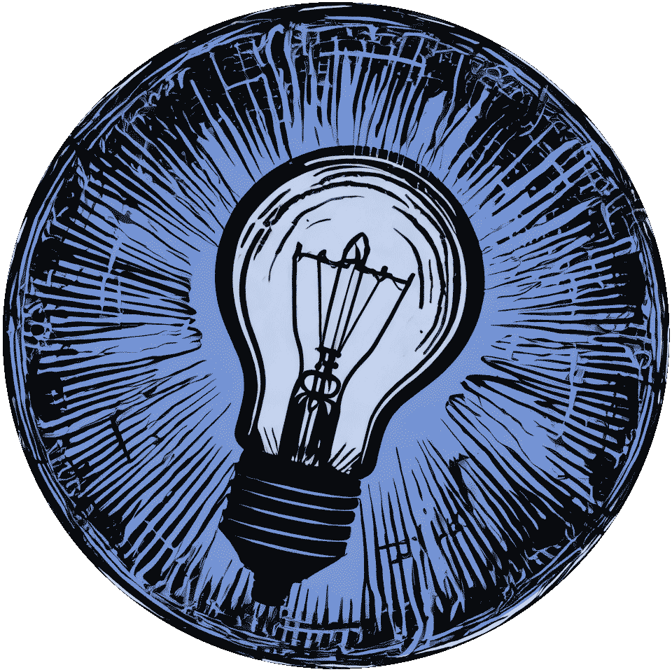 Filament lightbulb with a shining aura in a wooden etch graphic style. Representative of coming up with a good business idea and documenting it within a business plan.