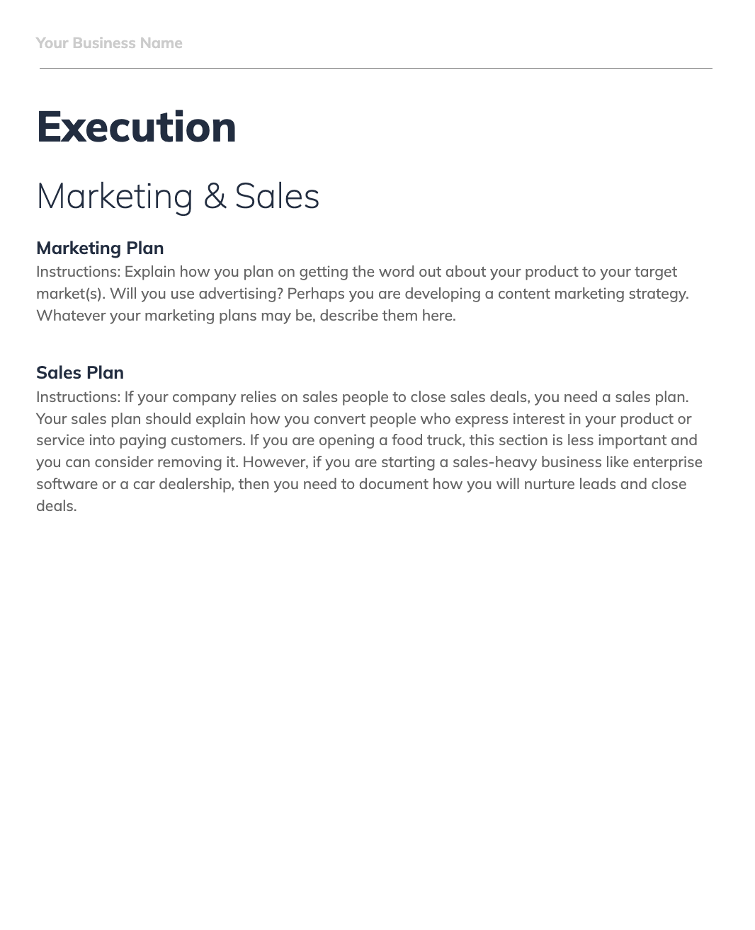 Business plan template page titled 'Execution' with sections for 'Marketing Plan' and 'Sales Plan.' The Marketing Plan section provides instructions on how to describe marketing strategies for the target market. The Sales Plan section explains how to document strategies for converting leads into paying customers, with a note that it's more relevant for sales-heavy businesses.