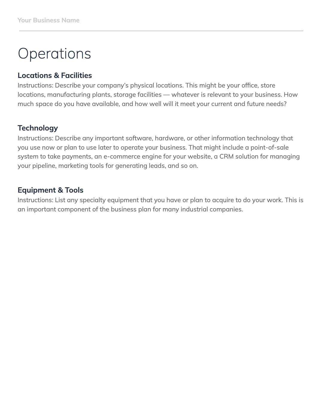 Business plan template page titled 'Operations' with sections for 'Locations & Facilities,' 'Technology,' and 'Equipment & Tools.' The Locations section describes how to document physical business locations. The Technology section asks for a description of key software and hardware. The Equipment section covers the listing of any specialty tools needed for the business.