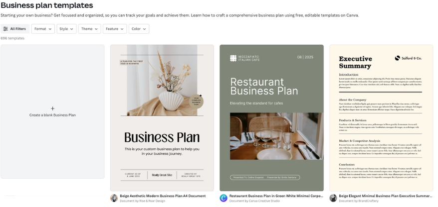 A sample of the 696 free business plan templates available from Canva. The templates represented here are for a restaurant and two options designed around a minimalist beige aesthetic.