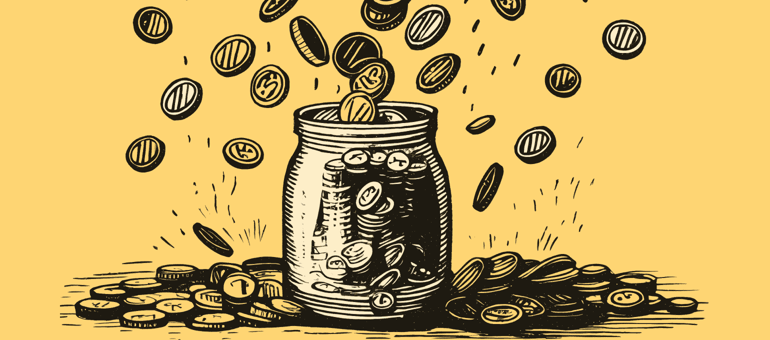 Hundreds of coins falling down into an overflowing jar.