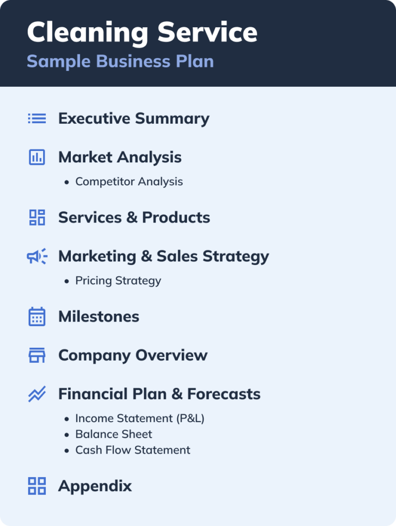 A sample outline for a cleaning service business plan.