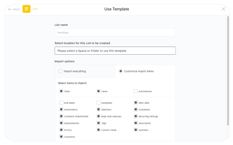 Preview of ClickUp's business plan template within the project management platform. It includes a number of fillable cells to help guide the creation process.