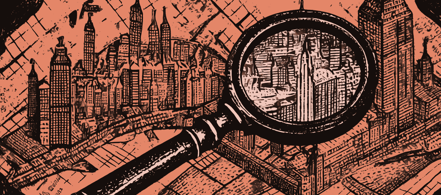 Large magnifying glass surveying a city. Represents conducting market research to understand your customers, competitors, and industry.