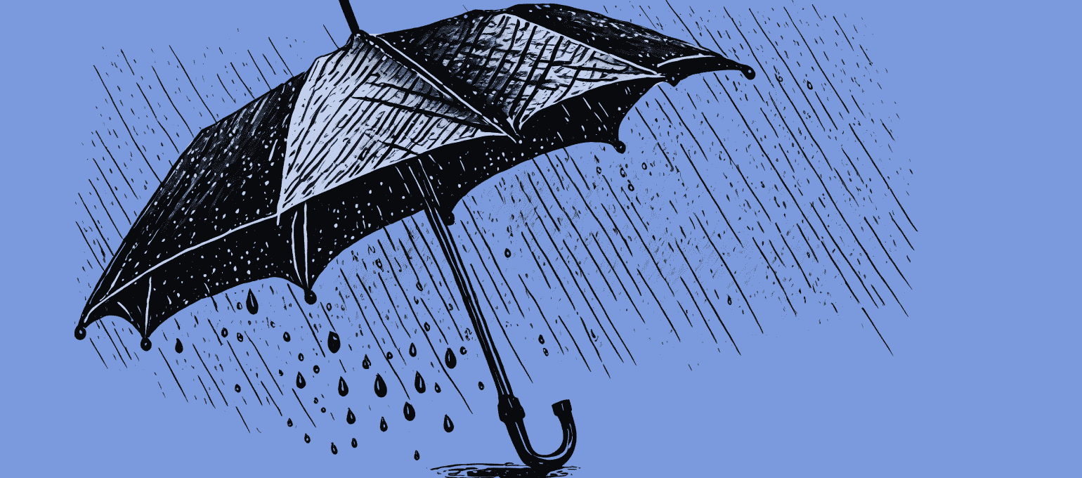 Open umbrella in the rain. Represents running your business amidst a crisis and weathering the storm.