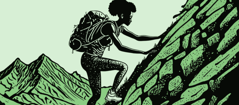 Determined female African-American entrepreneur scaling a mountain while wearing a large backpack. Represents the journey to starting and growing a business and needi