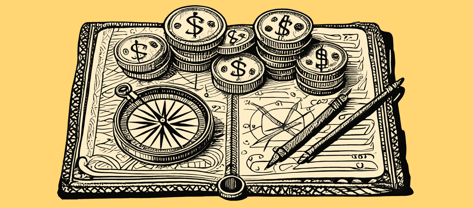 Guidebook with money on top. Represents mapping out your small business finances.