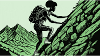 Female african american entrepreneur climbing up the side of a mountain. Representing the need to create a business plan to guide your journey.