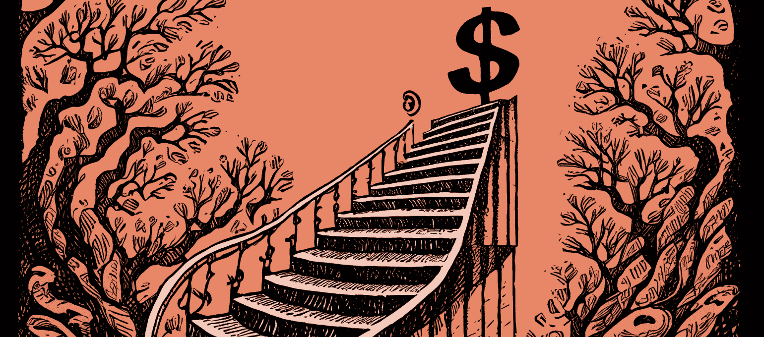 Stairs leading up to a dollar sign. Represents creating a financial plan to achieve profitability.