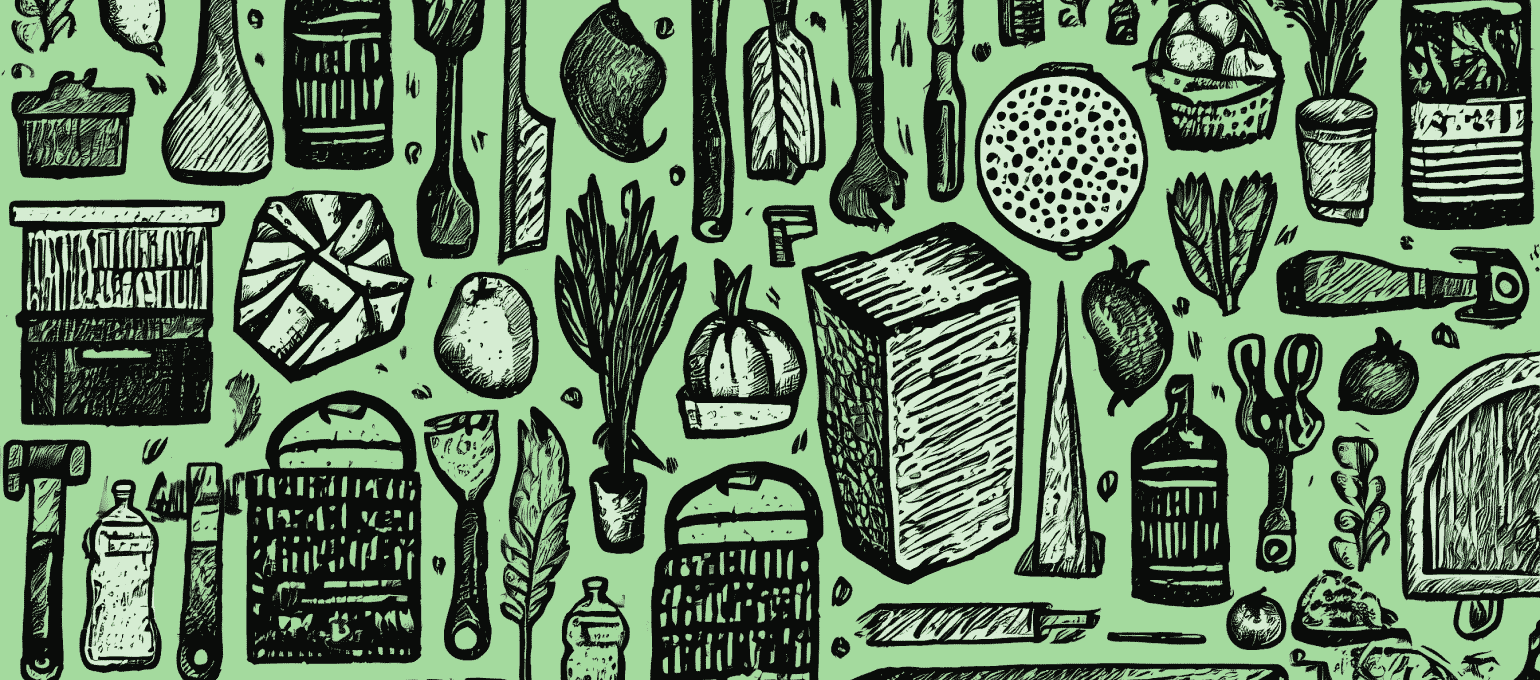 An assortment of items and tools. Represents crafting a product or service to solve a problem for customers.