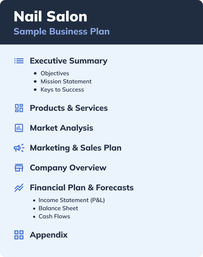 A sample outline of a nail salon business plan.