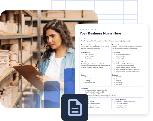 woman taking inventory with clipboard and preview of one-page business plan template