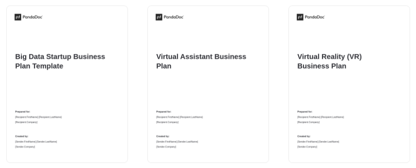 Examples of three business plans from PandaDoc's business plan template library. 

The three listed here include a template for a "Big Data Startup", "Virtual Assistant", and a "Virtual Reality" business.