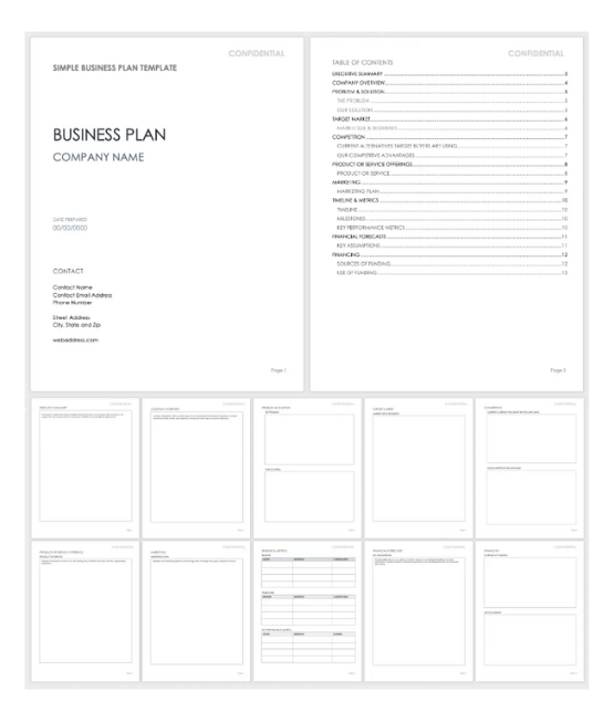 A preview of the Smartsheet business plan template. It provides a preview of the cover page, directory, and small views of the remaining template pages.