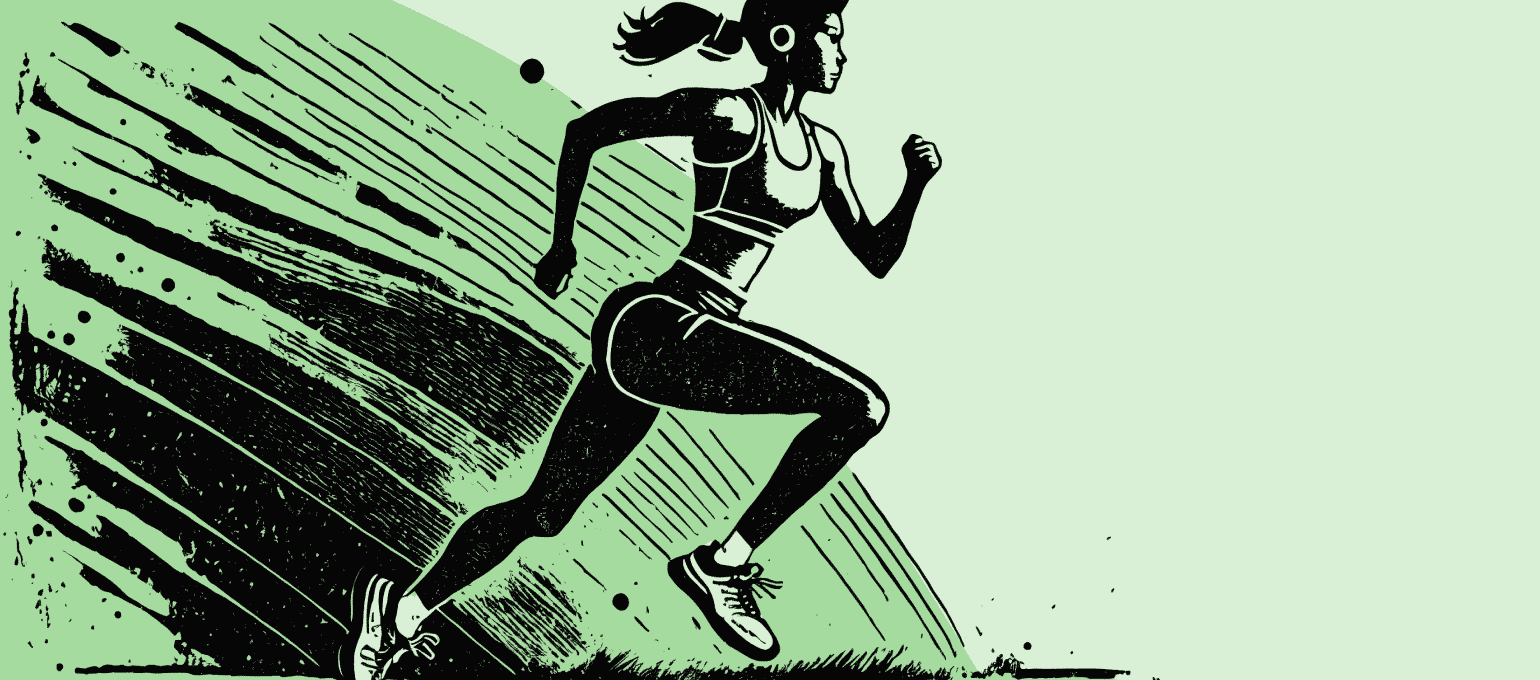 Female sprinter speeding up through the stretch and running with limited gear. Represents launching a business with no money.