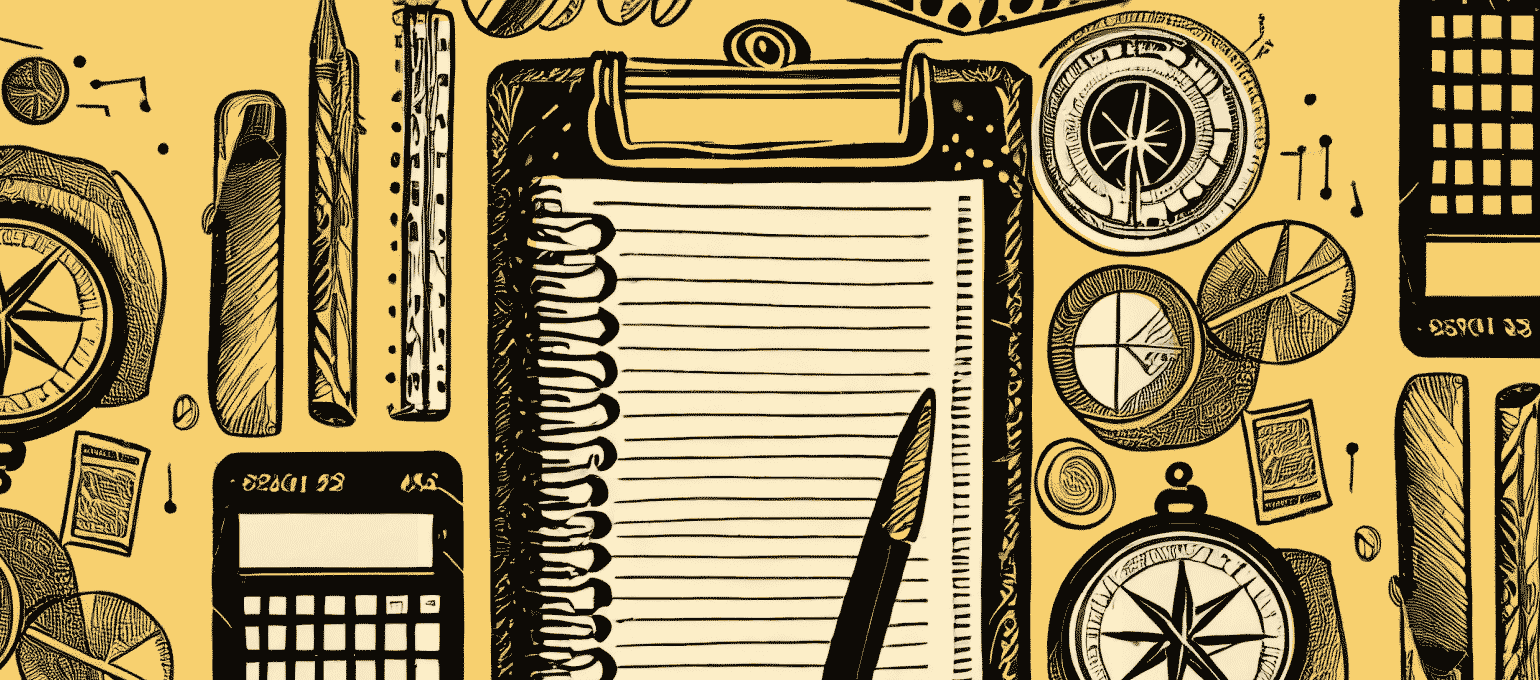 Clipboard with paper, calculator, compass, and other similar tools laid out on a table. Represents the basics of what is a business plan.