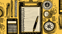 Clipboard with paper, calculator, compass, and other similar tools laid out on a table. Represents the basics of what is a business plan.